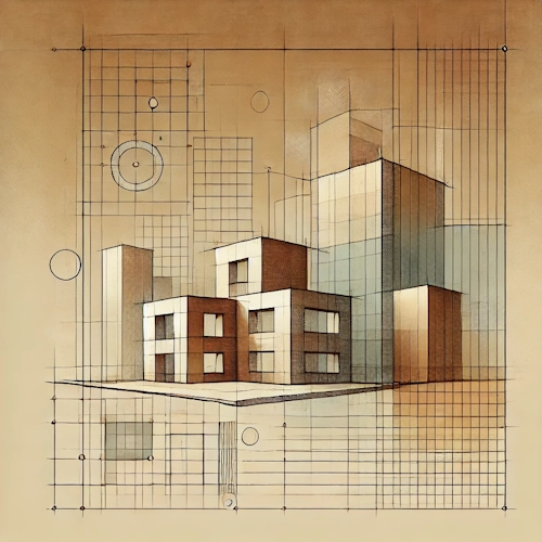 Abstract architectural motif with buildings and construction lines – representing project organization, building design, and documented collaboration.