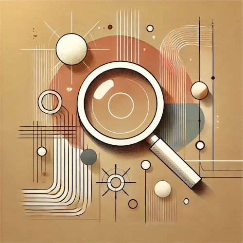Abstract illustration with magnifying glass, lines, and circles – representing targeted search and quick access to relevant content.
