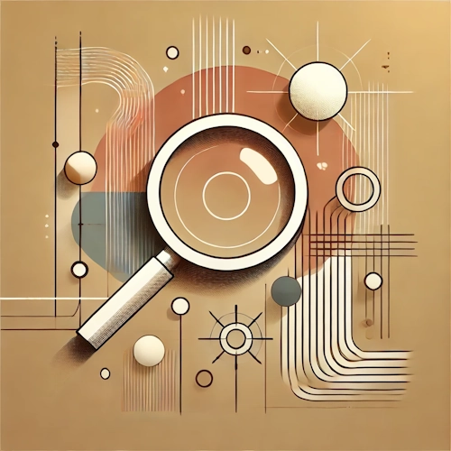 Abstract motif with magnifying glass, lines, and circular elements – representing direct search input, highlighted results, and efficient navigation.