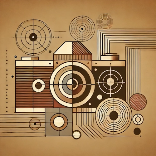 Abstract camera illustration with lines and circles – representing image management, original file preservation, and automatic optimization.