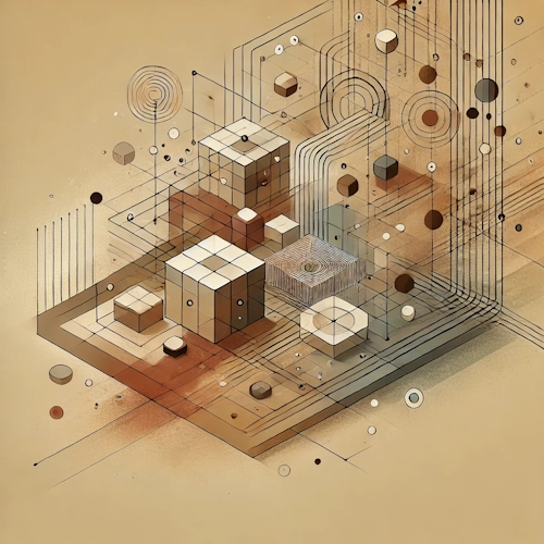 Abstract tech motif with cubes, lines, and data points – representing structured information management and secure storage in an IT environment.