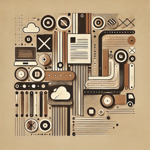 Dense abstract grid of icons, documents, and devices – representing detailed control and the intentional absence of mass download options.