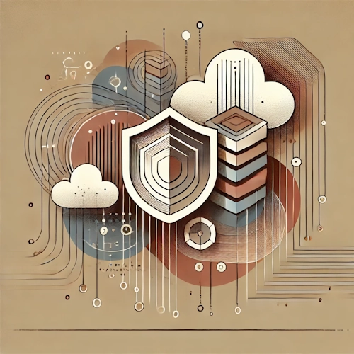 Abstract illustration of cloud, server stack, and shield – symbolizing secure data storage in Switzerland.