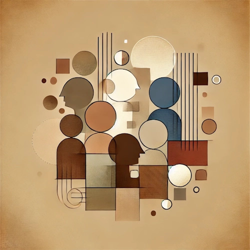 Abstract depiction of multiple stylized heads and connecting lines – representing secure team knowledge and collaborative work.